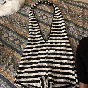 SHEIN Black and White Striped Halter Jumpsuit